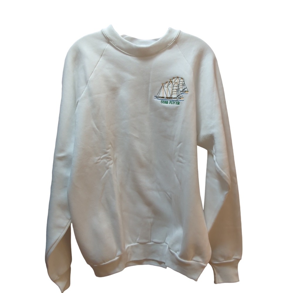 White vintage Fruit of the Loom L large‎ sweatshirt unworn embroidered sail boat